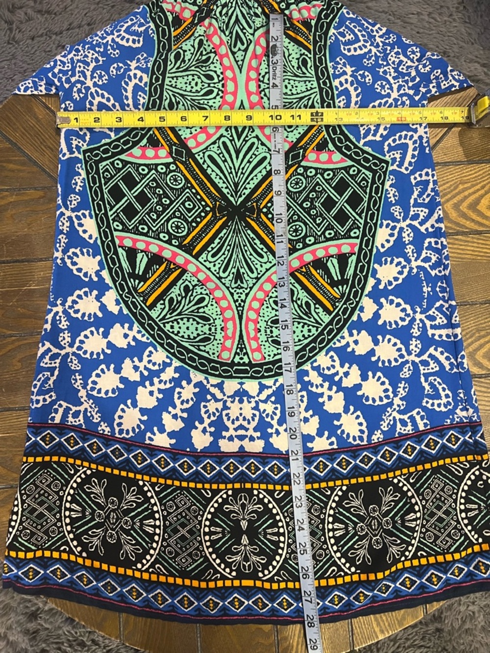 Boho Off Shoulder Shift Dress Small Blue Pink Tribal Print Bell Sleeve Lined - Picture 13 of 15